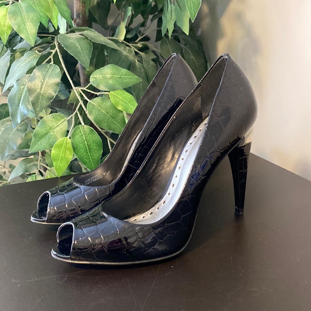 BCBG Patent Black Crocodile Peep Toe Stilettos
